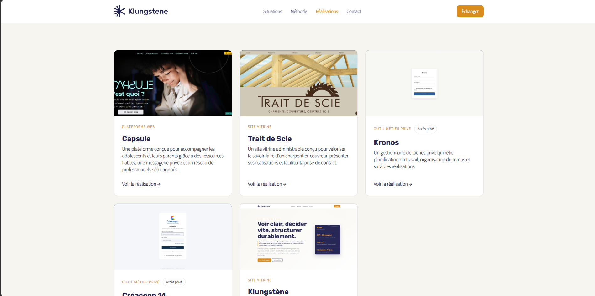 Page des réalisations de Klungstène organisée en une grille de trois projets par ligne